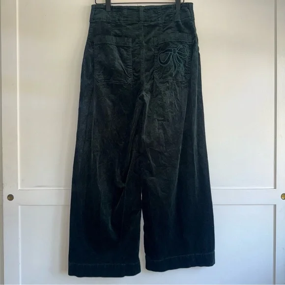 Anthropologie Maeve Colette Bow Corduroy Wide Crop Leg Pants 28 Forest Green - Picture 13 of 14